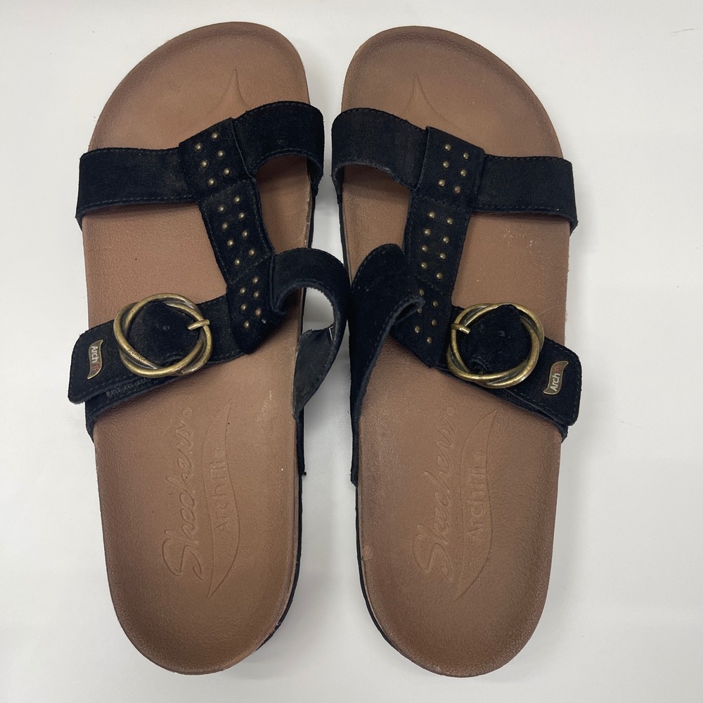 Skechers Sandals 10 Arch Fit Granola Sun-Days Black Suede Studded Slide 163351 - Picture 7 of 9